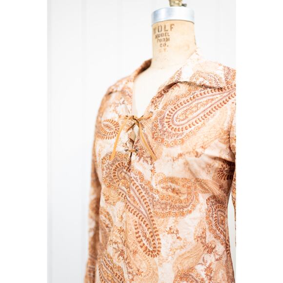 Vintage Y2K Boho Blouse M, Brown Cream Paisley Sheer Lace-Up V-Neck Hippie Shirt - Picture 4 of 13